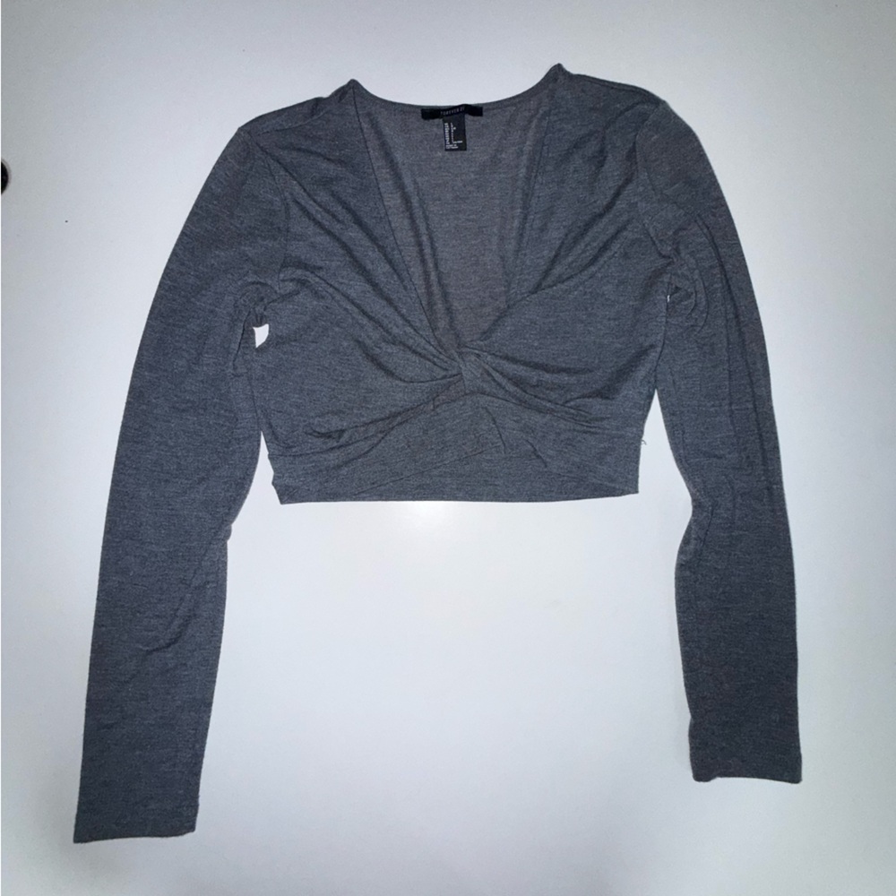 Forever 21 Long Sleeve Twist Front Crop Top – Charcoal Gray, Size L
